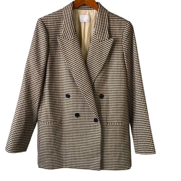 Rebecca Taylor Plaid Check Double-Breasted Blazer Linen Blend Lined in Expresso - Picture 4 of 16
